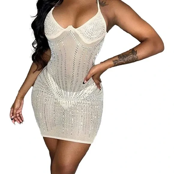 Dresses | Nude Mesh Rhinestone Dress | Poshmark